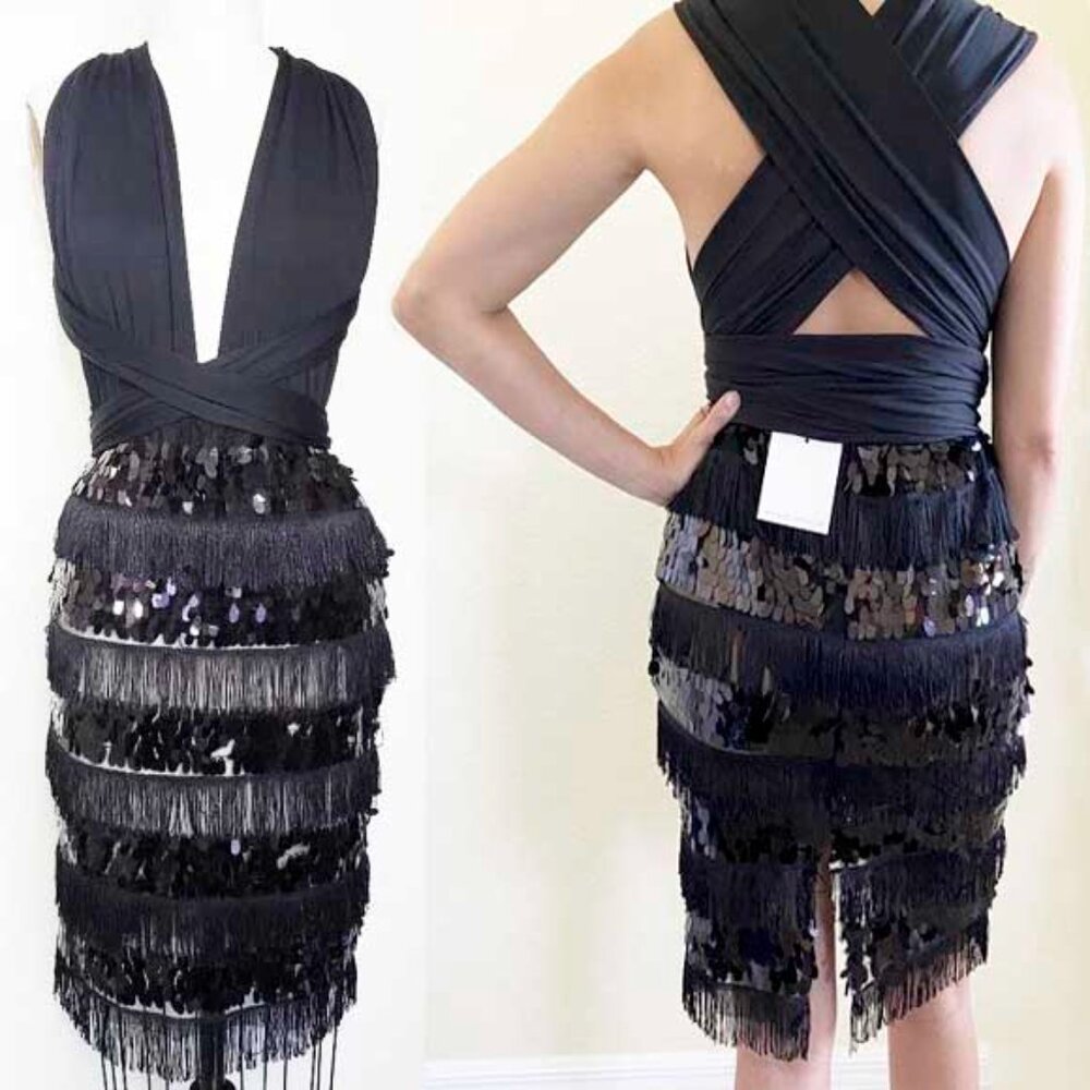 BLITHE Womens Black Fringe and Sequin Party Dress Retro 20s L NWT